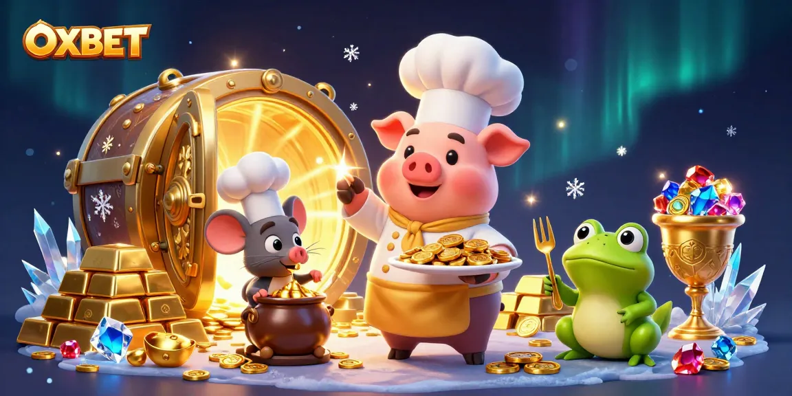 Engage with OXBET's thrilling experience, featuring a chef pig serving gold coins in a vibrant casino setting.