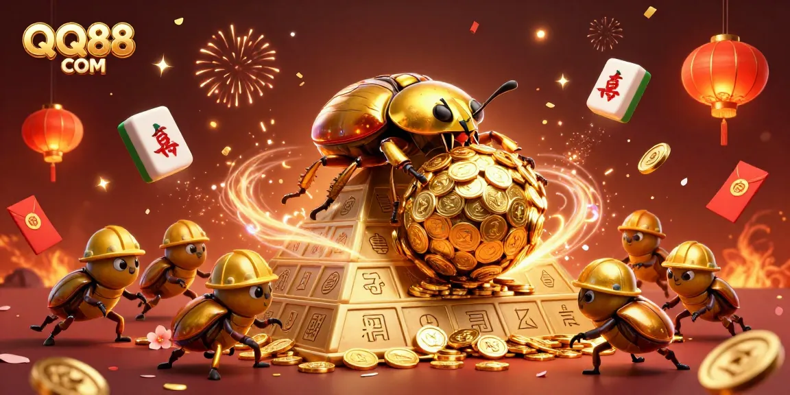 Experience the excitement of QQ88 COM with golden coin beetles rolling towards fortune amidst vibrant casino symbols.