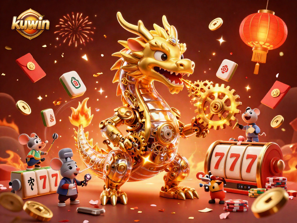 Immerse in kuwin gaming strategy with a dazzling illustration of a golden dragon amidst casino elements.