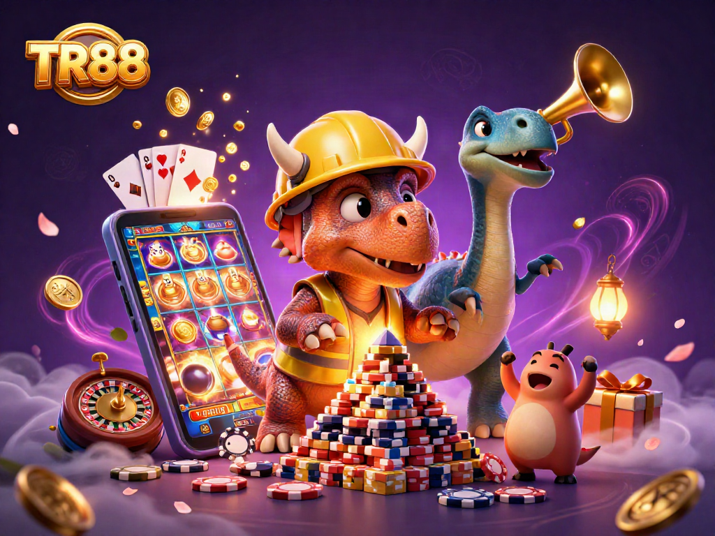 Celebrate winning at TR88 with vibrant casino elements and lively characters in a dynamic scene.