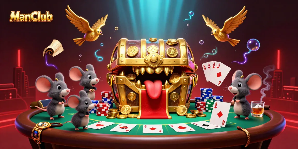 Catch winning opportunities at ManClub with a vivid casino scene showcasing golden treasures and poker excitement.
