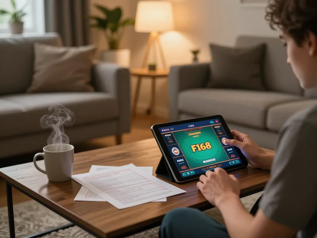 Player engaging in F168 online casino gaming on a tablet, illustrating home gaming comfort.