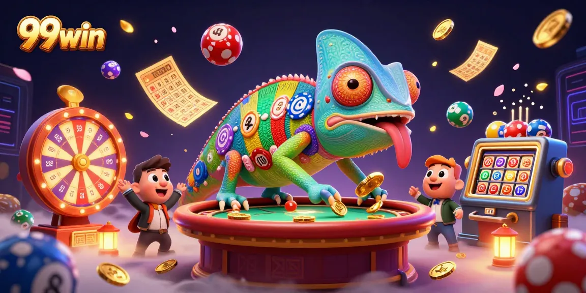 Experience the thrilling world of 99win with a vibrant chameleon casino owner and dynamic gaming elements.