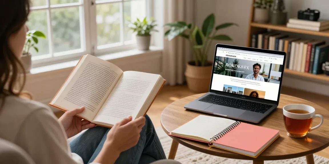 Engaging scene showcasing a person enjoying ROKOK88X content with tea and a cozy reading nook.