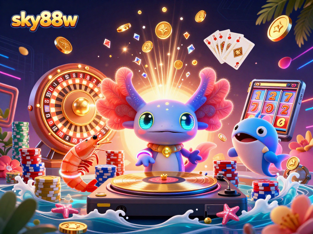 Experience thrilling wins at sky88w in this vibrant casino-themed digital illustration.