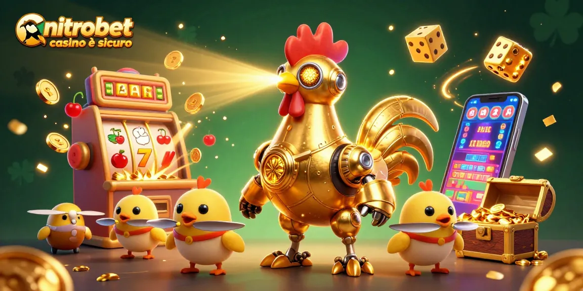 Gioca d'azzardo al NitroBet casino è sicuro con un robot gallo dorato e droni che volano tra simboli vincenti.