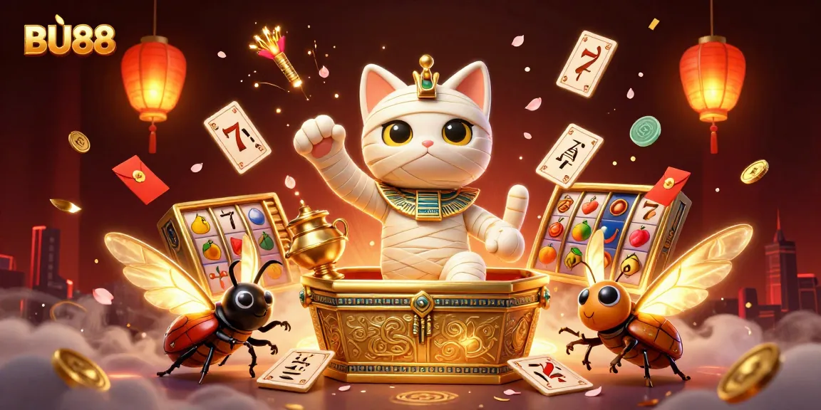 Experience the thrill at BU88 with a vibrant scene of a mummy cat and golden elements.