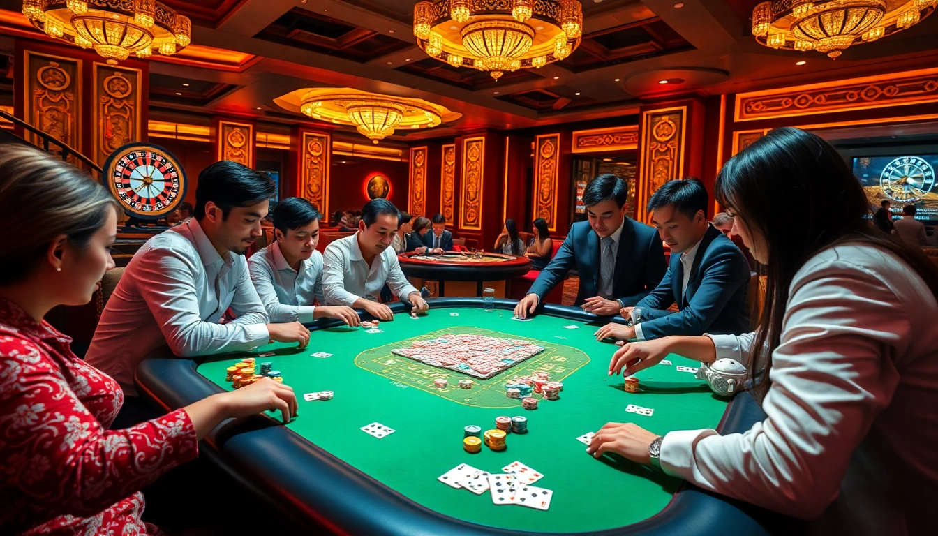Players enjoy an intense game of Dominoqiu at a vibrant casino table filled with poker chips and cards.