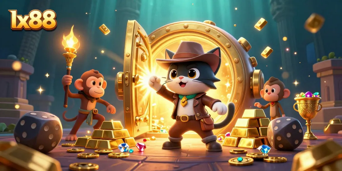 Experience the adventure of lx88 with a cat archaeologist and treasures in a vibrant casino temple.