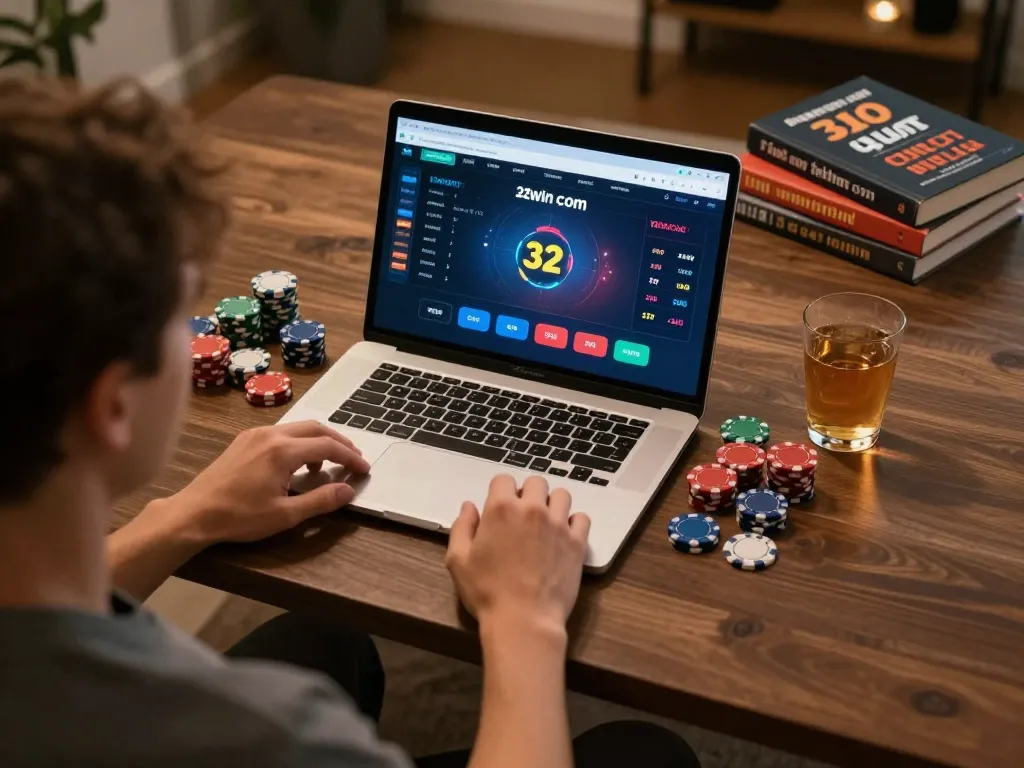 Engaged player strategizing at 32win com poker game on a laptop with chips nearby
