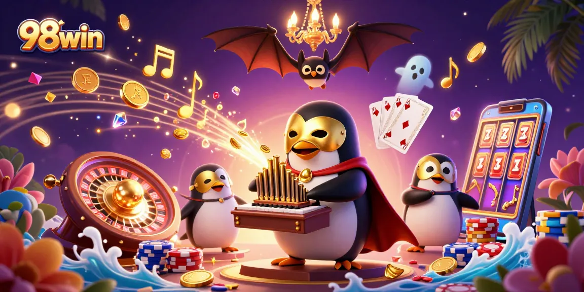 Experience the thrill of 98win with a stunning 3D casino illustration filled with vibrant characters, games, and golden coins.