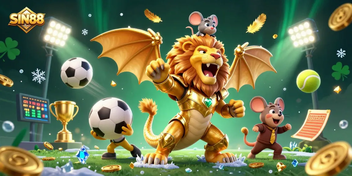 SIN88 showcases thrilling betting action with a golden chimera and dynamic sports elements.