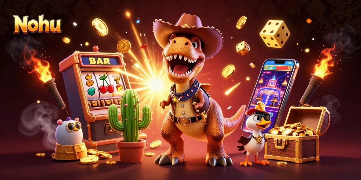 Nohu showcases a vibrant 3D casino scene with a cartoon dinosaur, jackpot elements, and engaging game visuals.