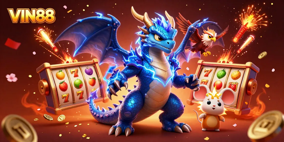 Experience thrilling slot games at VIN88 with dynamic characters and vibrant casino scenes.
