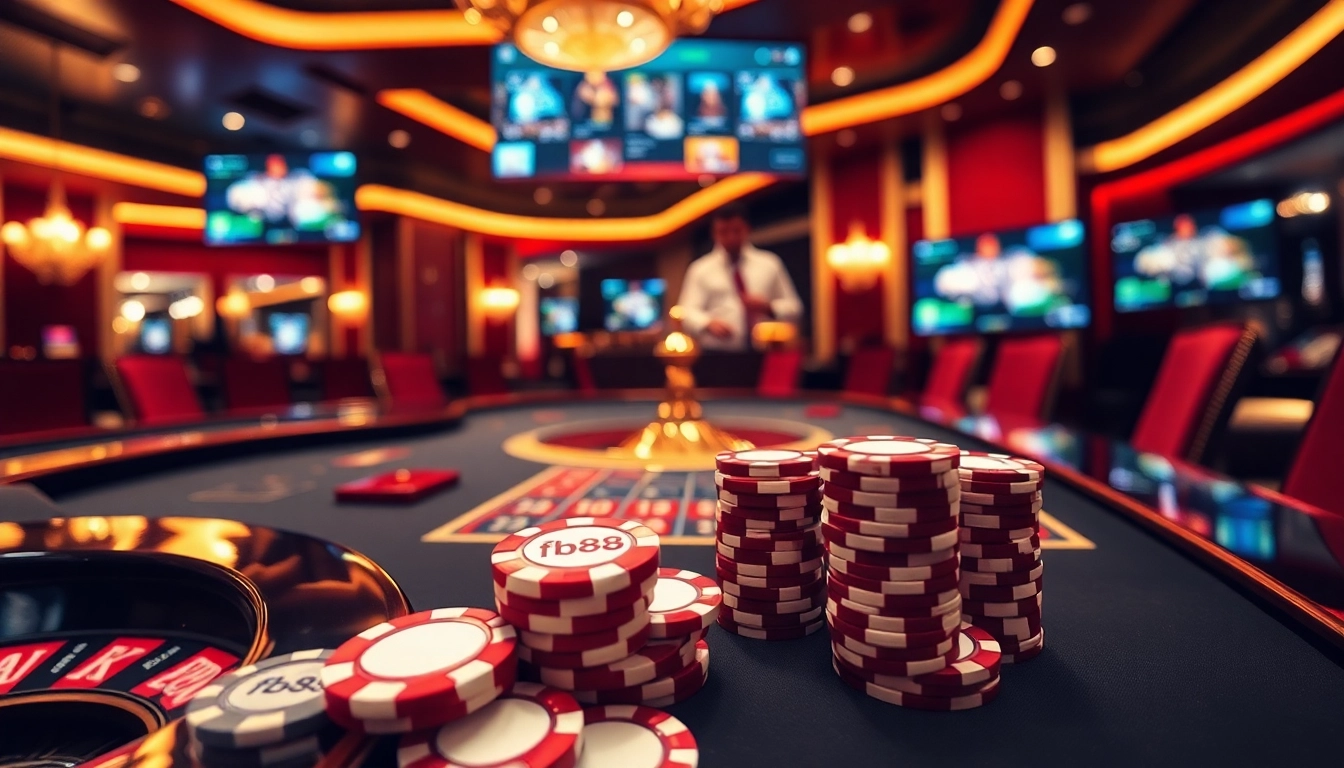 Action-packed scene showcasing fb88 casino gaming with vibrant poker chips and elegant table setup.