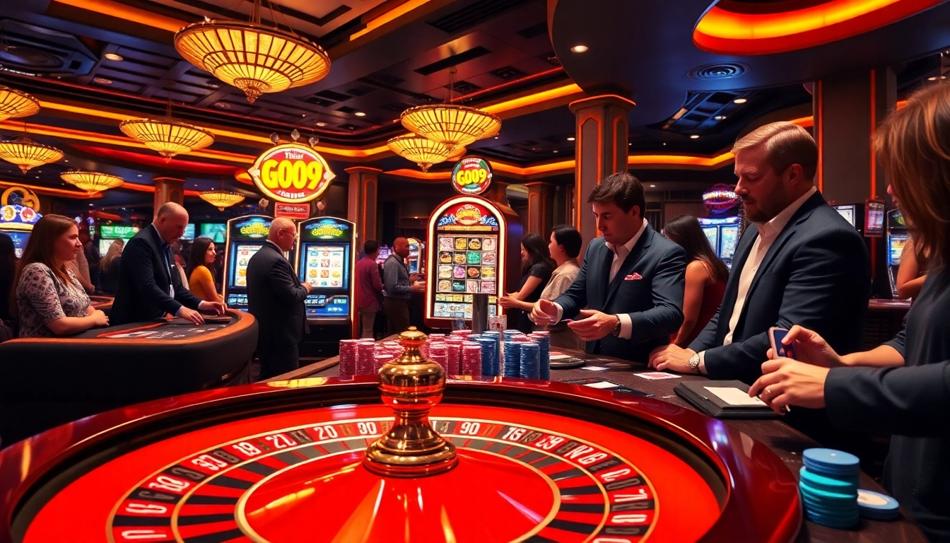Engaged players at a go99 themed casino table surrounded by vibrant poker chips and dynamic slot machines.