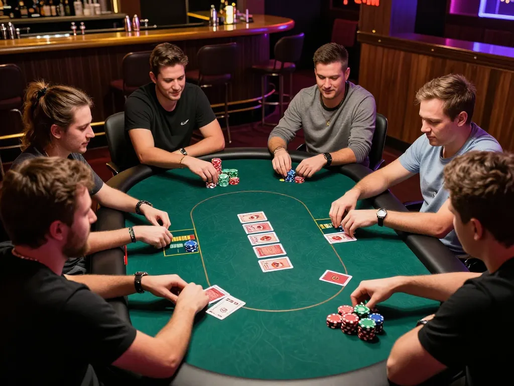 Players engage in a strategic game of poker at KKWIN, showcasing high-stakes excitement and camaraderie.