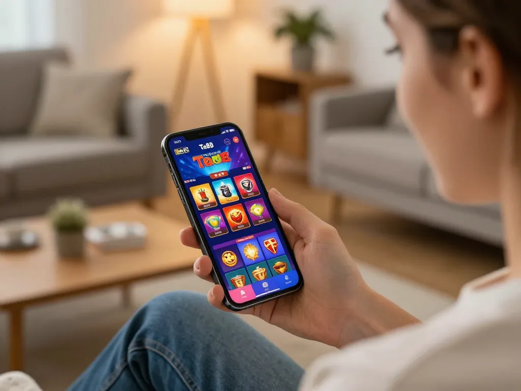 Engaging with Ta88 gaming app on a smartphone in a cozy living room setting