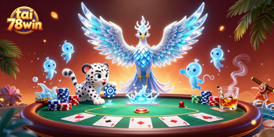 Engage with tai 78win at a vibrant ice-themed poker scene with animated characters and casino elements.