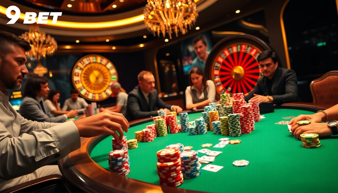 Experience the excitement of poker at 9BET, showcasing players and vibrant chips.