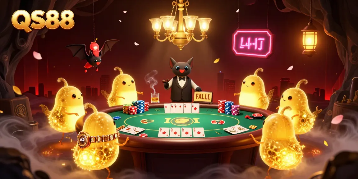 Experience QS88's vibrant gaming ambiance with glowworms lighting the casino, showcasing thrilling poker elements.
