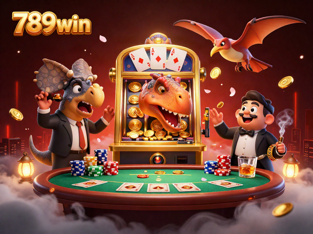 Experience the thrill of 789win as animated dinosaurs engage with a golden jackpot slot machine.