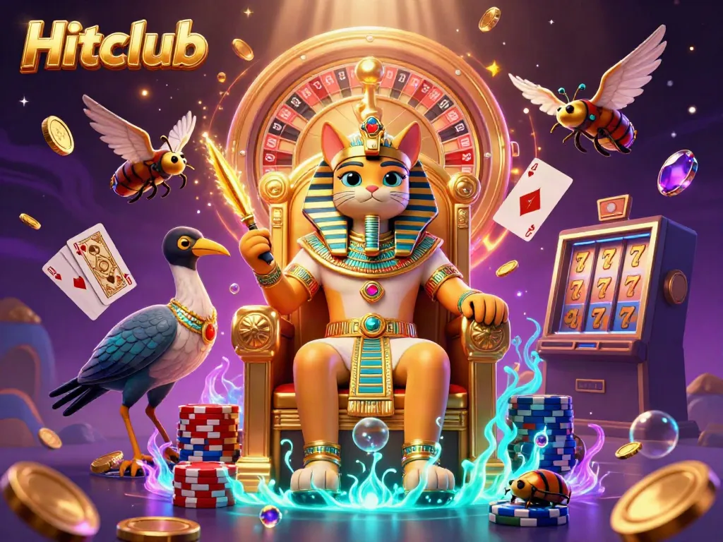 Hitclub brings the excitement of casino gaming with a pharaoh cat on a throne amid vibrant casino elements.