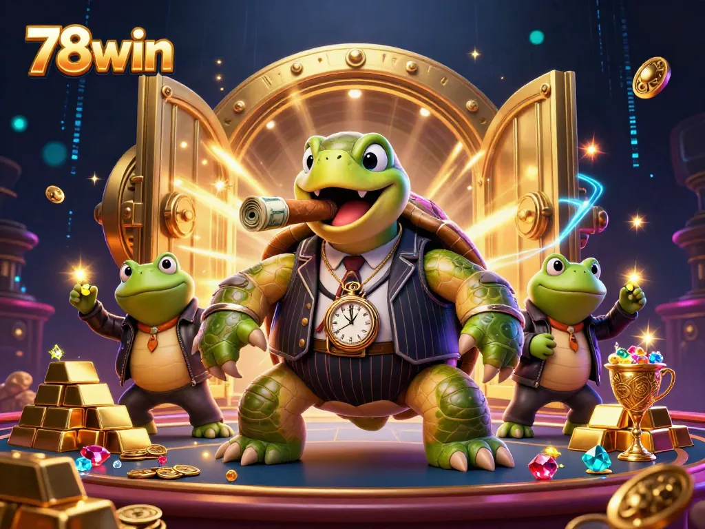Experience the thrill of 78win with a massive turtle and bullfrogs amidst casino treasures.