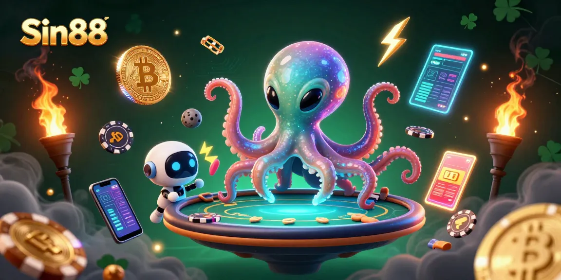 Experience the thrilling gameplay of Sin88 with an alien octopus hosting a holographic poker table.