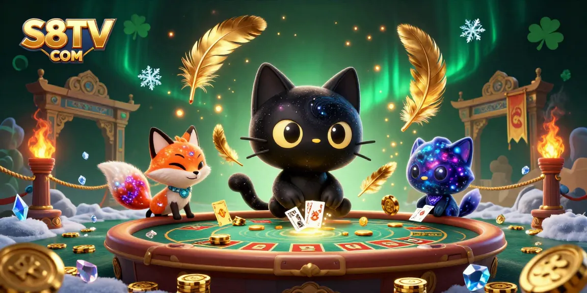 S8TV COM showcases a vibrant cosmic casino scene with a black hole cat and nebula fox captivating players with golden chips and cards.