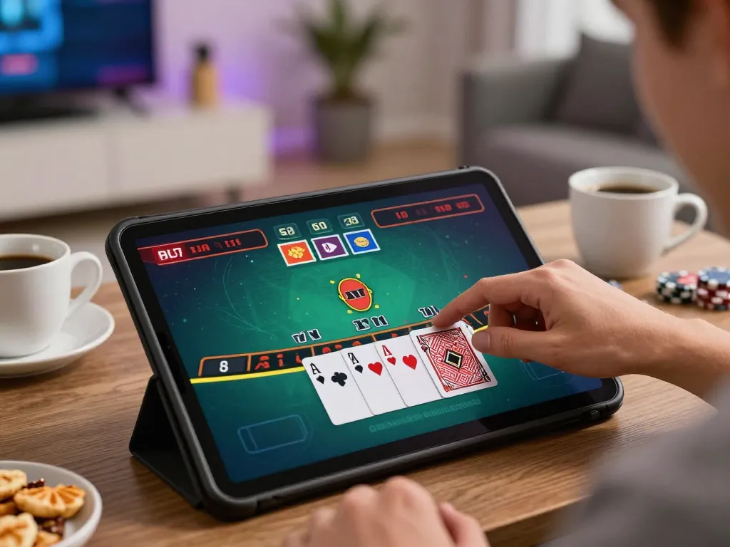 Playing blackjack on Vin88's mobile app in a cozy home setting highlights strategic betting.