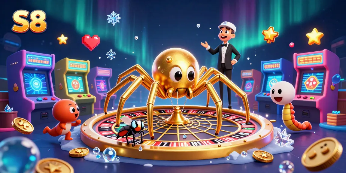 S8 showcases a 3D spider spinning a roulette wheel while a fly nervously bets, symbolizing high-stakes gambling.