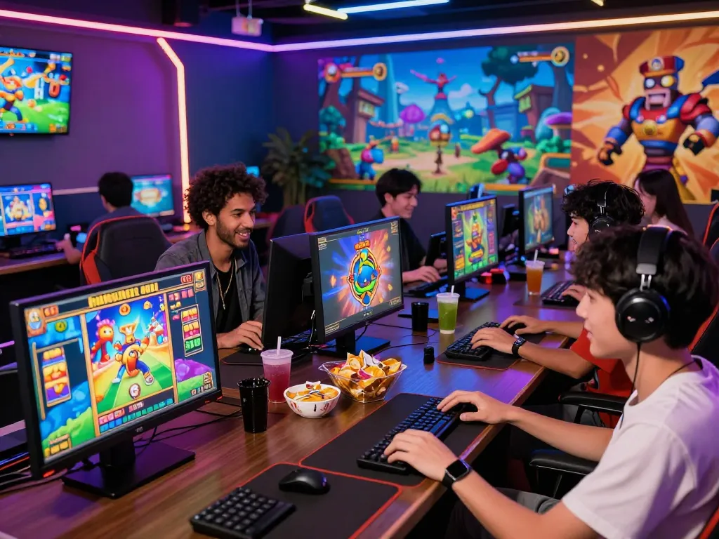 Players immersed in nổ hũ đổi thưởng, enjoying vibrant graphics and gaming excitement in a lively digital lounge.