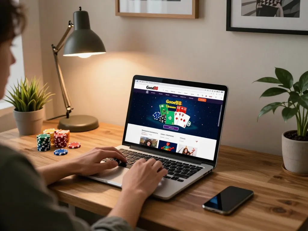 Engaging online gaming experience at Good88 with a laptop showcasing poker games.