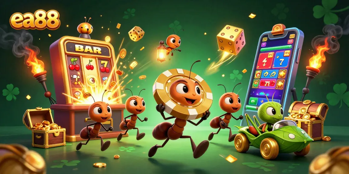 Engaging ea88 casino illustration with ants heisting a giant poker chip amidst vibrant slot machine action.