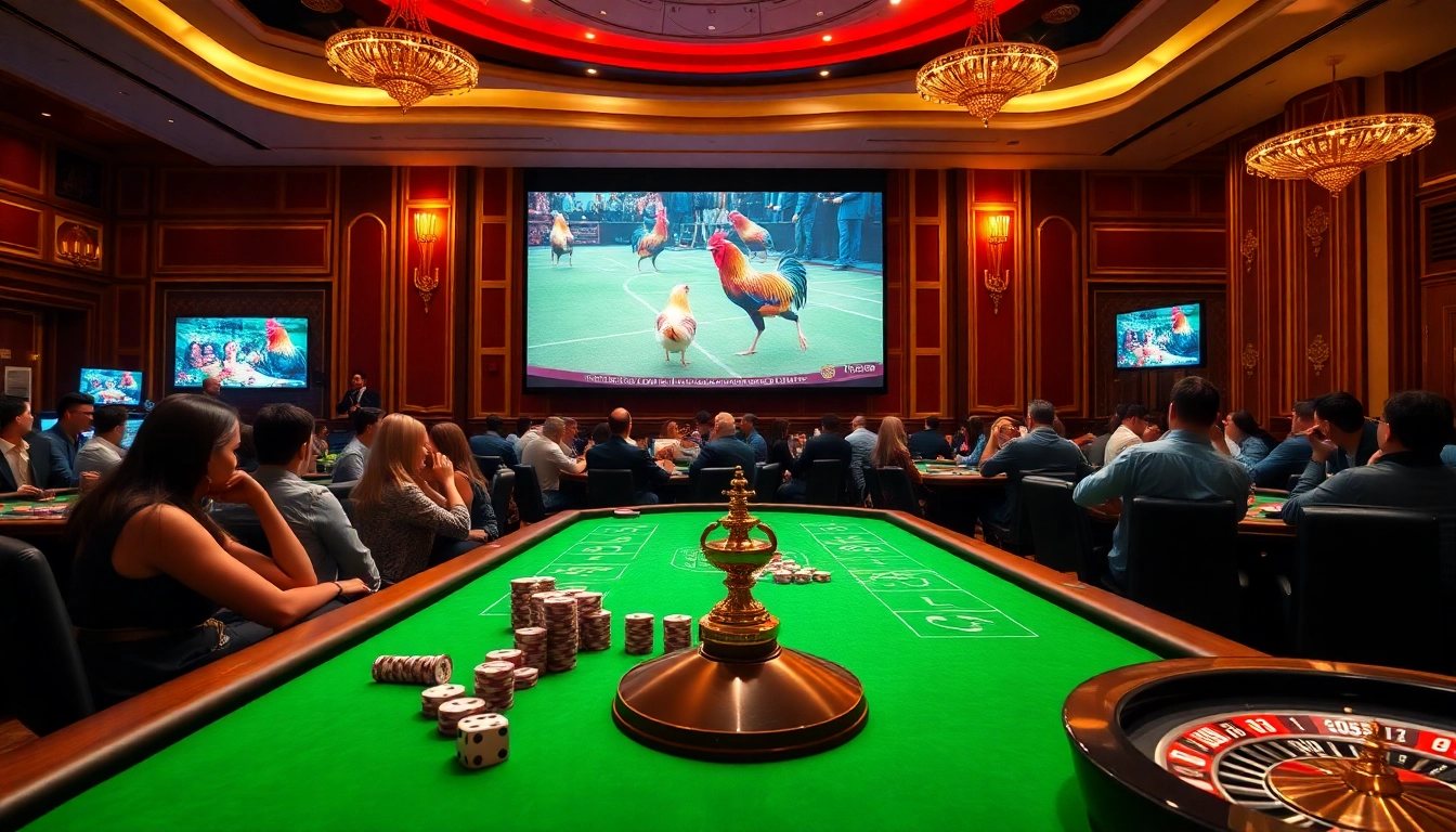 Experience đá gà trực tiếp live at an upscale casino environment with excited spectators and vibrant tables.