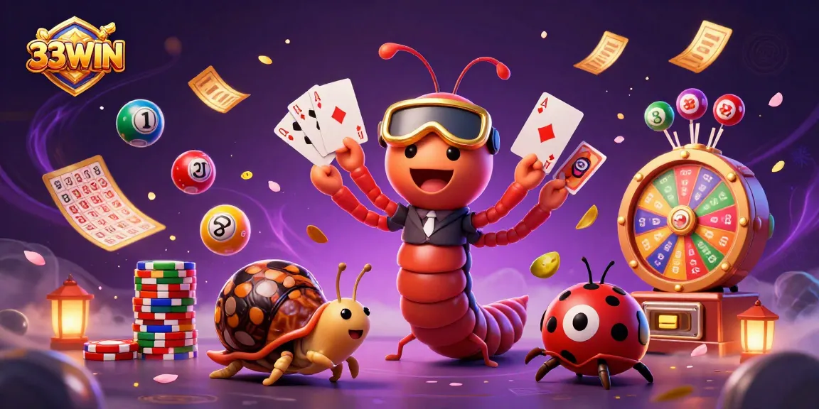 Experience thrilling moments with 33WIN in a vibrant casino scene with dynamic playing cards and vibrant decorations.
