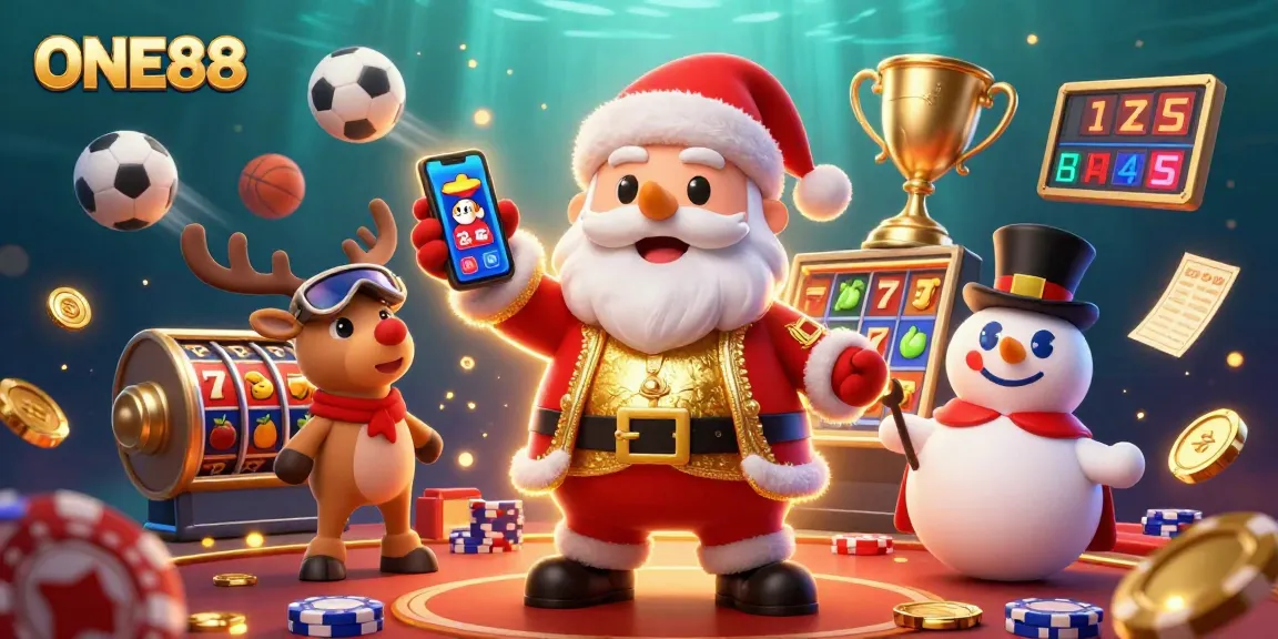 Join the excitement at ONE88 with Santa and friends celebrating jackpots in a vibrant casino scene.