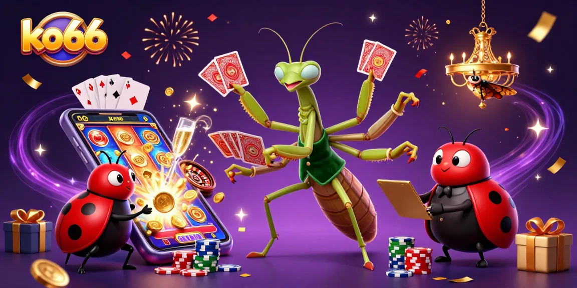 Experience ko66's vibrant gameplay with a giant praying mantis card sharp in a casino scene.