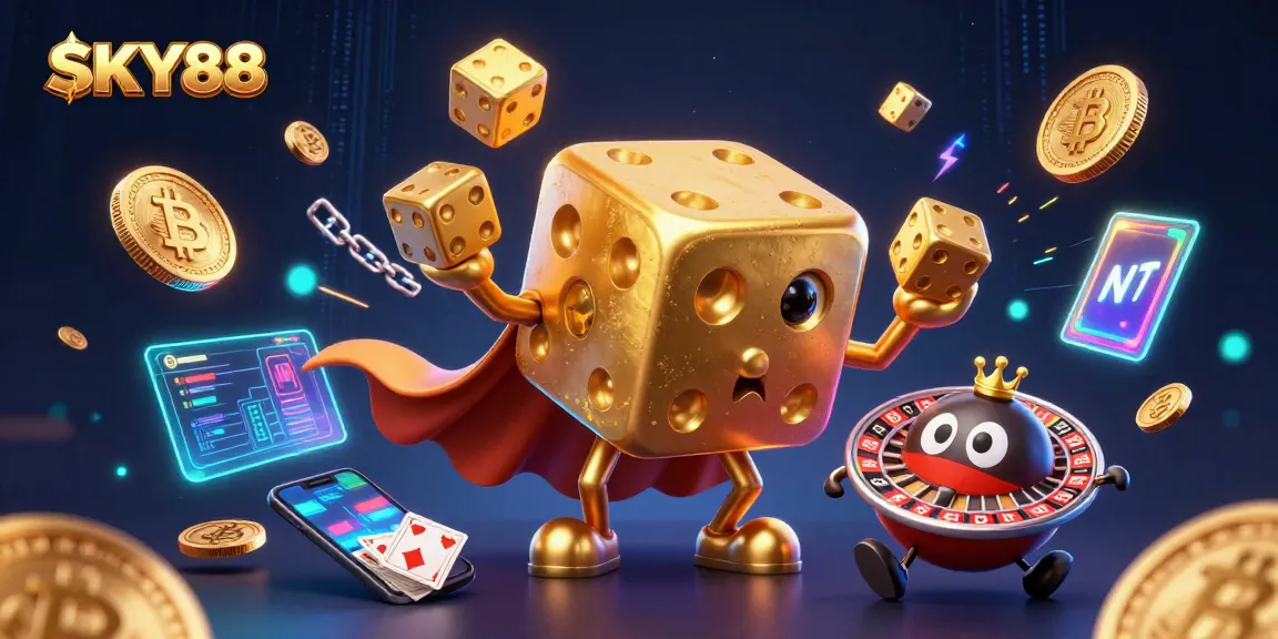 SKY88 showcases dynamic casino elements with golden dice and glittering crypto coins.