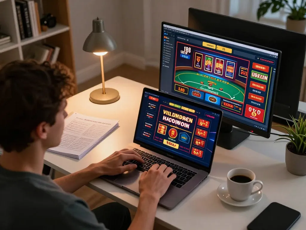 Engaging in UK88 online casino gaming with focused strategy notes and a laptop, showcasing responsible gambling.