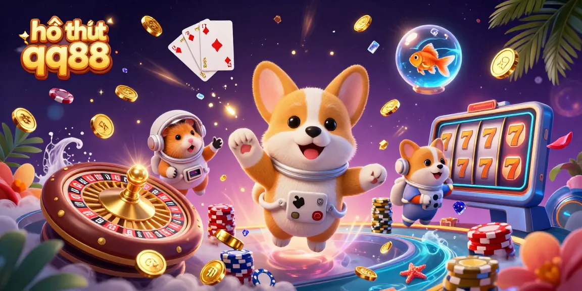Engage with hỗ trợ qq88 as the astronaut corgi explores the vibrant casino space.