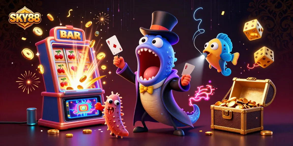 SKY88 showcases a magical casino scene with dynamic characters performing tricks amidst vibrant slot machines and jackpot elements.