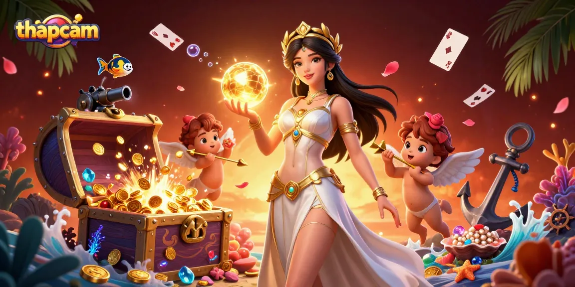 Engage in epic thapcam casino adventures with a goddess and cherubs surrounded by golden treasures.