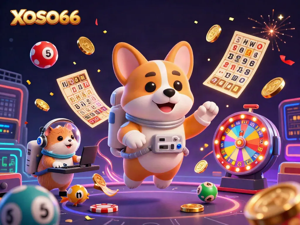 Engaging XOSO66 scene with a floating fun casino atmosphere, featuring a cartoon corgi in zero gravity.