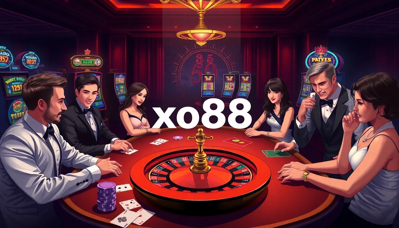 Experience the thrill of playing at xo88 with casino tables, vibrant slot machines, and colorful poker chips.