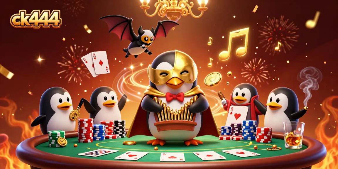 Experience the vibrant action of ck444 with a penguin playing an organ surrounded by casino elements.