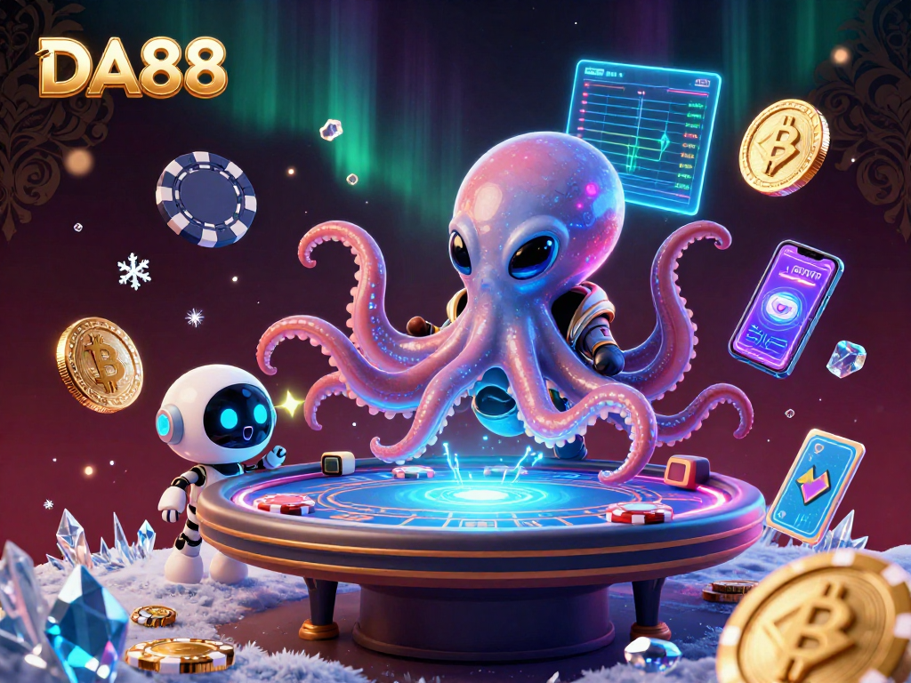 DA88 showcases a vibrant alien octopus engaging in holographic poker with exciting crypto elements.