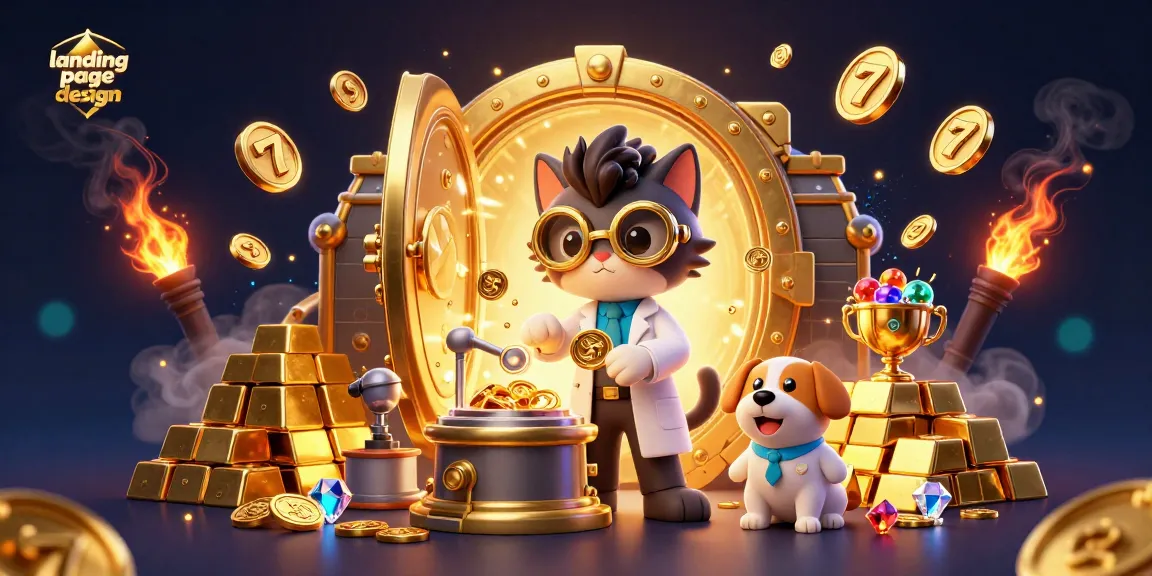 Engaging landing page design illustrating a mad scientist cat with a golden slot machine, capturing the thrill of casino gaming.