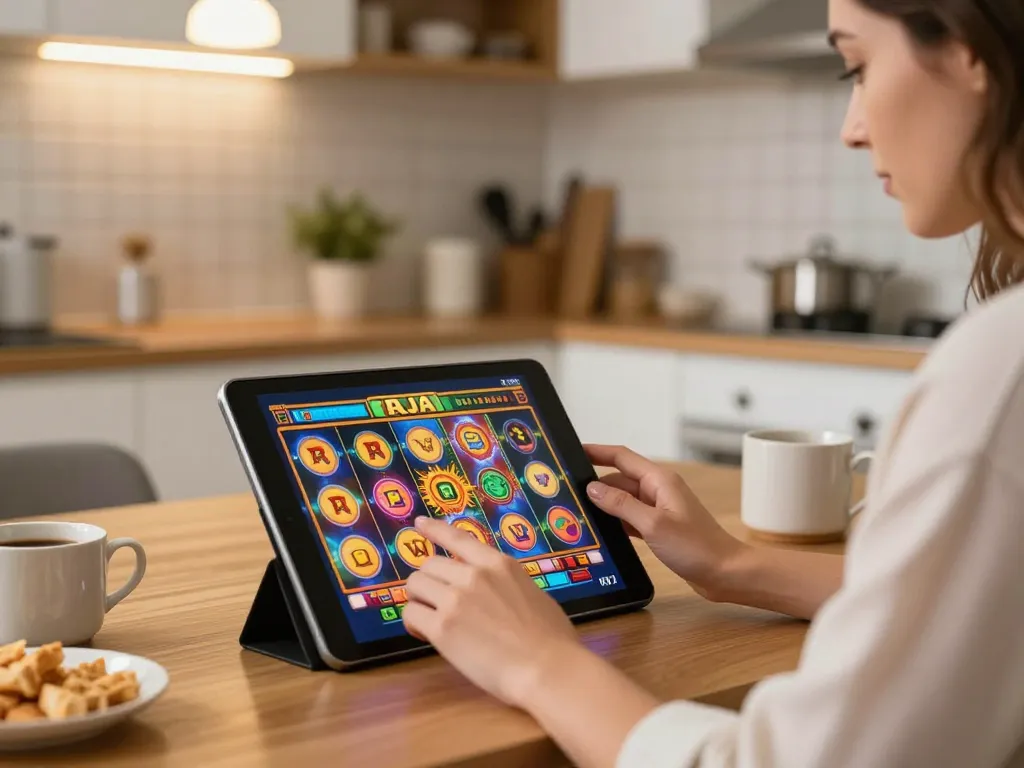 Engaging raja slot game experience on a tablet in a cozy kitchen setting